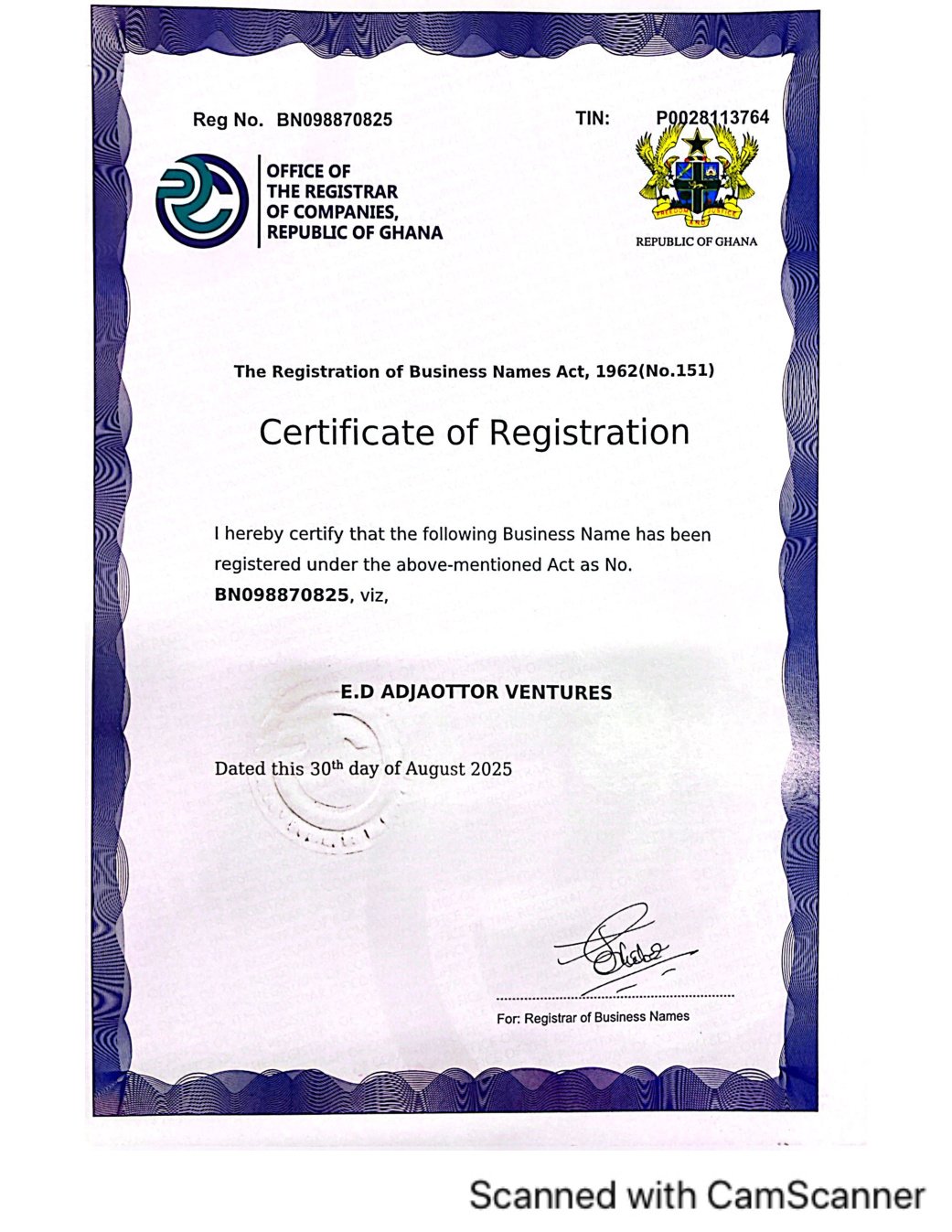 E.D Adjaottor Ventures Ghana Certificate of Registration